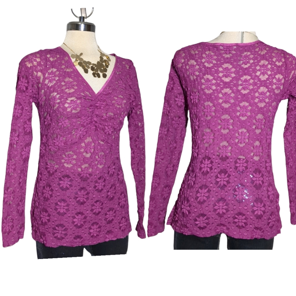 KAREN KANE Purple Lace Long Sleeve Top Size L.